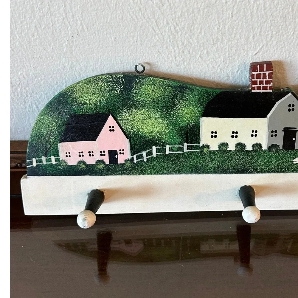 Vintage Folk Art Hand Painted Wood Wall Rack 5 Peg Village Scene Key Coat Hanger